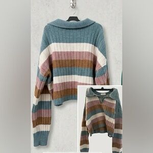 Striped Ribbed Pullover Sweater with Collar in Blue, Pink, Cream & Brown